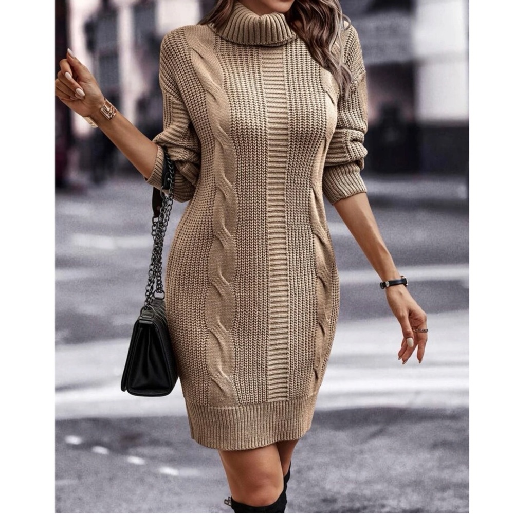Cozy turtleneck Cable Knit Sweater Dress - Picture 4 of 6